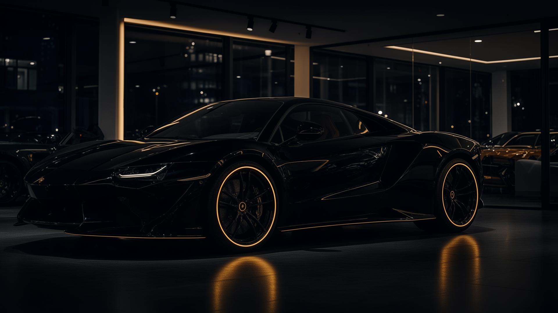 Black exotic sports car in luxury showroom at night